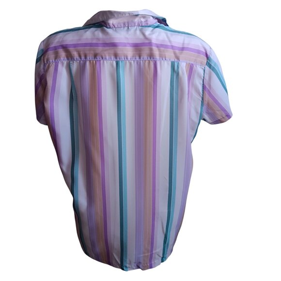 Women's large Vintage 70's Striped Button-Up Blouse Pastel Purple/Teal Stripes - Picture 6 of 7